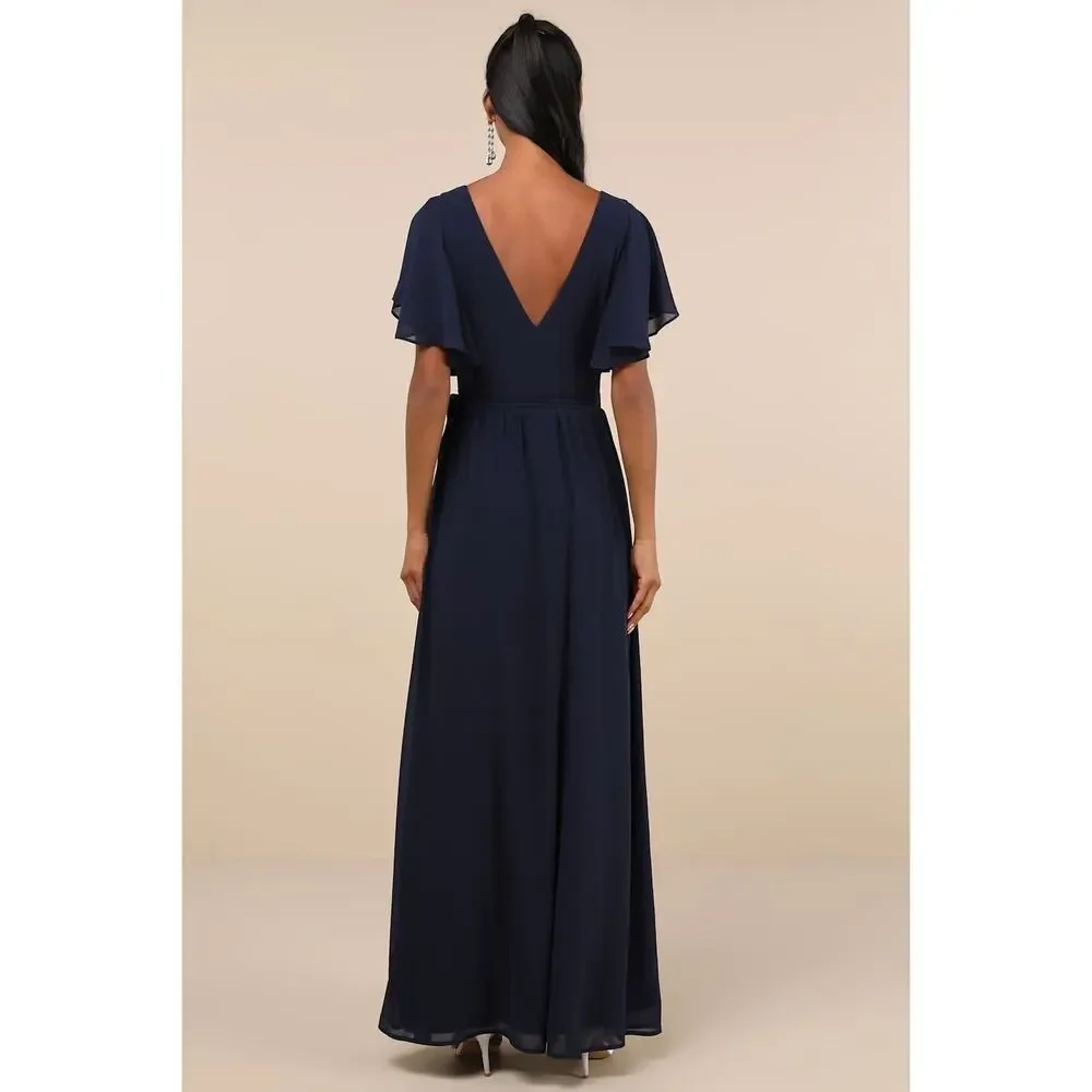 NWT Lulus Convincing Grace Navy Blue Flutter Sleeve Wrap Maxi Dress Wedding L